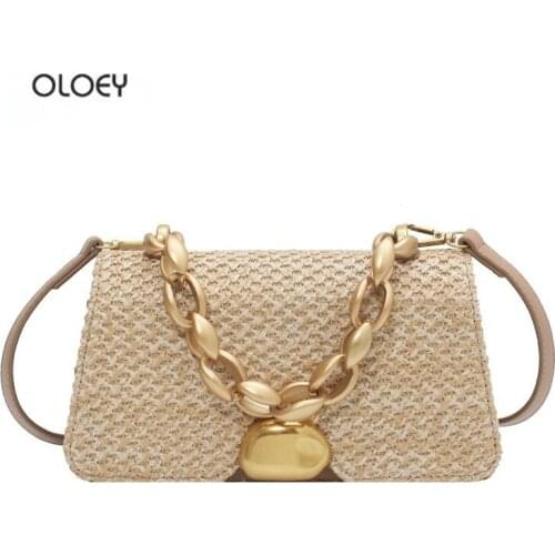 OLOEY Womens chain handbag shoulder bag messenger bag woven bag straw bag
