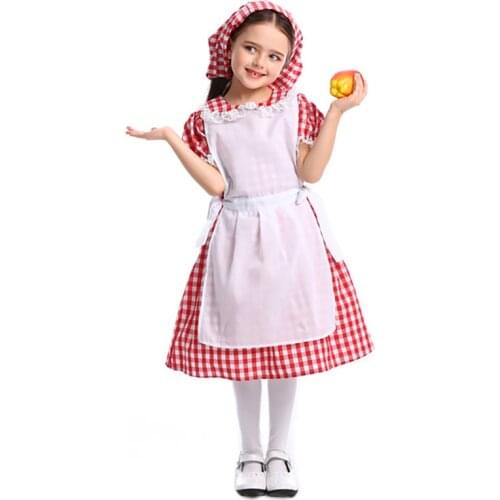 Girls German Bavarian Dirndl Dress Oktoberfest Traditional Beer Girl Costume Kids Red Plaid Apron Waitress Beer Maid Fancy Dress
