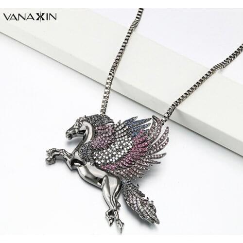 VANAXIN Horse Pendants Colorful Cubic Zircons Rose Gold/Black Color Necklaces Men Pegasus Hip Hop Gift Male Jewelry High Quality