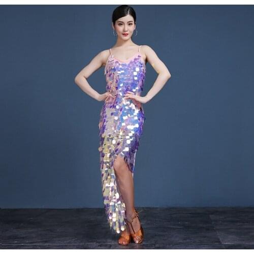 Pink Red Women Latin Dance Dress Sexy Sling Backless Bandage Shiny Sequins Fringe Dress Cha-cha Modern Dance Performance Costume