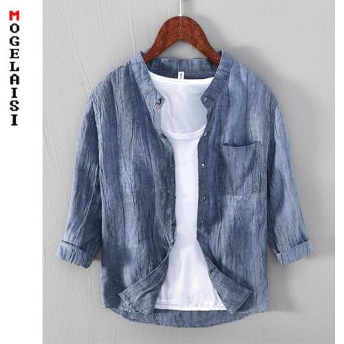 Blue 100% linen shirt men 2021 2022 new autumn solid three quarter casual shirts tops for man clothing camisa masculina 889