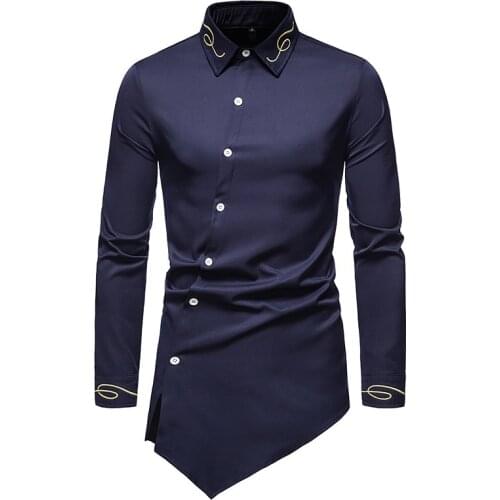 Men Shirts Asymmetric Embroidery Long Casual Long Sleeve Slim Fit Male Chemise Homme Cotton Satin Shirts Mens Clothing Dress
