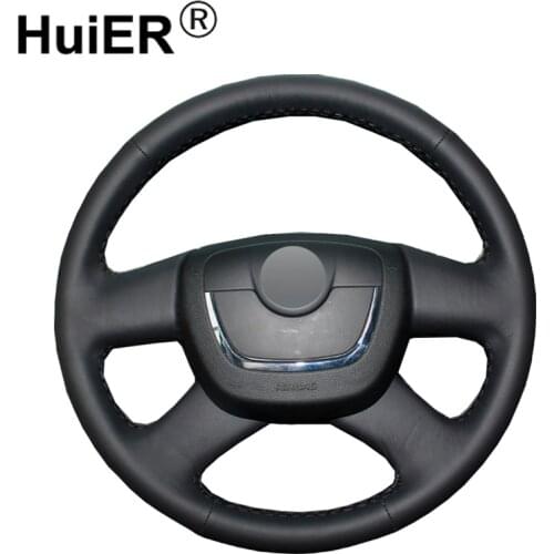 HuiER Hand Sewing Car Steering Wheel Cover Black Leather For Skoda Octavia a 5 a5 2012 Yeti 2009 Skoda Octavia Superb 2012 Fabia