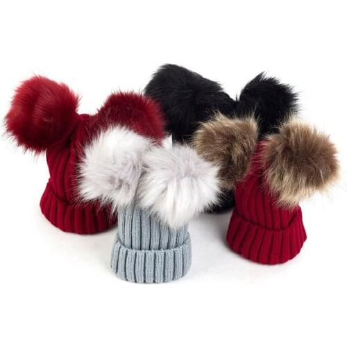 New Cute Kids Baby Beanie Hat Cap Boys Girls Winter Warm Double Pompom Knitted Bobble Hats Solid Color Soft Caps Bonnet