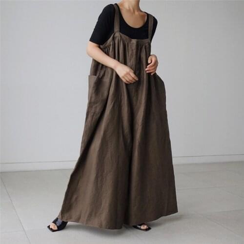 Wide leg one-piece trouser skirt fashion large size cotton hemp casual students 9-inch loose strap pants2105100