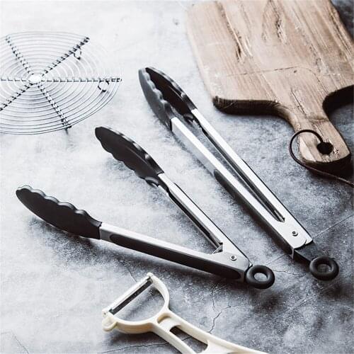 Stainless Steel Silicone Tongs Meat Barbecue BBQ Clips Salad Bread Food Bar Serving Tongs Silver Black Hangable Kitchen Tool 1pc
