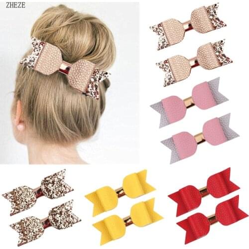 2pcs Cute 2020 Glitter Leather Hair Clips Bows Hairpins 3.5" PU Bow With Ribbon Alligator Clips Girls Barrettes Hair Accessory