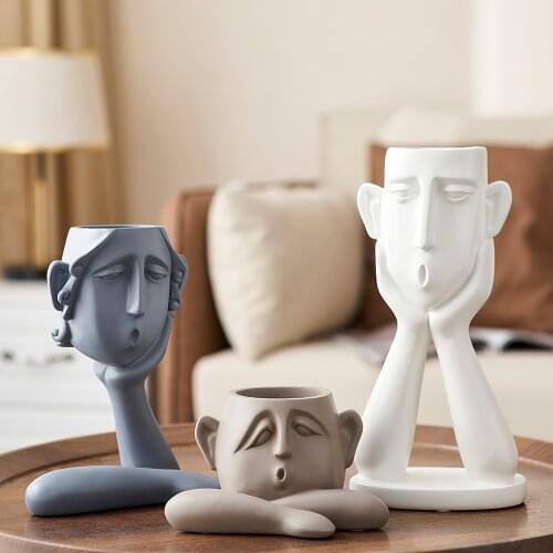 Resin Vase White Black Abstract Human Head Art Face Nordic Decor Vases Modern Living Room Flower Arrangement Ornaments Crafts