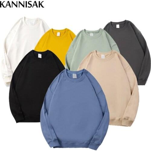 KANNISAK Sweatshirts Men Autumn Winter O-neck Solid Cotton Long Sleeve Pullovers 2021 Casual Oversize Harajuku Cotton Sweatshirt