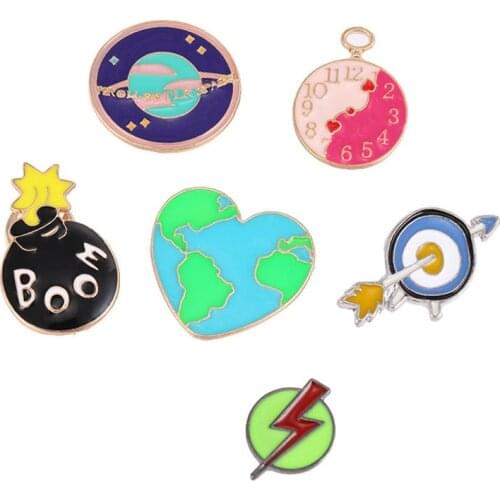 HOSENG 6Pcs/Lot Green World Map Pink Pocket Watch Enamel Pin Women Shirt Lapel Brooch Science Series Jewelry HS_501