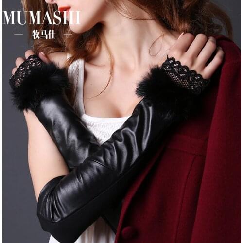 Genuine leather Women gloves sheepskin Fingerless gloves Lace Arm sleeve Winter