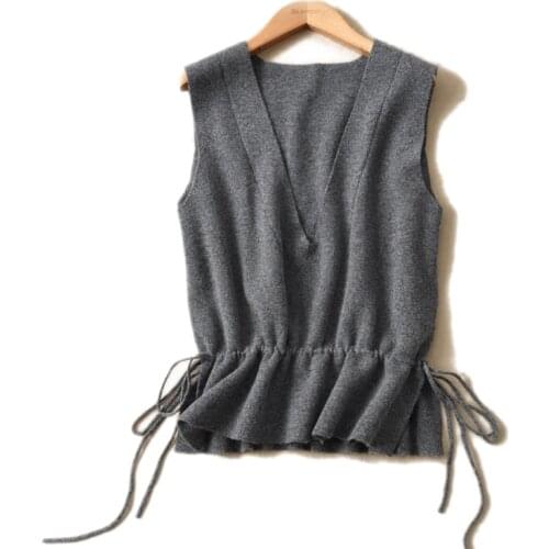 Womens Cashmere Sweater Vest Tank Knitted Pullover Sleeveless Fashion Loose Lace Up Sweater Vest Pull Femme Outwear Tops Jumper