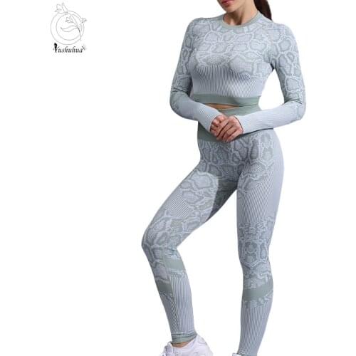2021 Women Two 2 Piece Long Sleeve Crop Top T-Shirt Leggings Tracksuit Outfit Clothes Gym Wear Sport Fitness Seamless Yoga Set