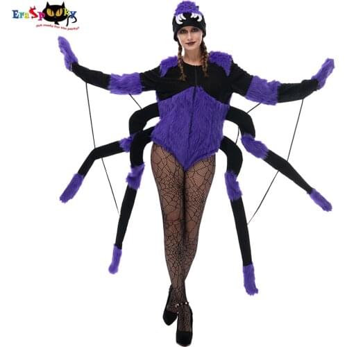 Eraspooky Deluxe Purple Spider Web Cosplay Halloween Costume For Women Adult Gothic Spider Fur Bodysuit Animal Fancy Dress