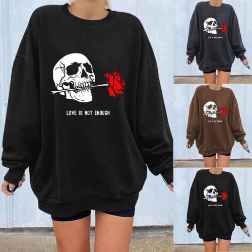 Women Long Sleeve Halloween Pullover T-shirt Round Neck Blouse Top Skeleton Rose Printing Daily All-match Lovely Girl T-shirt