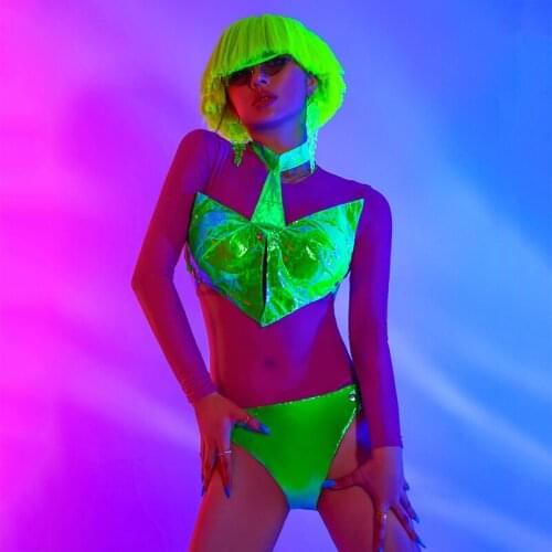 Bar Female Dj Rave Stage Costume Women Bodysuit Fluorescent Green Bikini Headdress Gogo Lead Dance Clothes Party Outfit BL5685