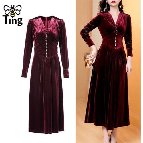 Tingfly Vintage Elegant Luxury Crystal Button Women Velvet Midi Long A Line Dress Party Dinner Dresses High Waist Vestidos Haut