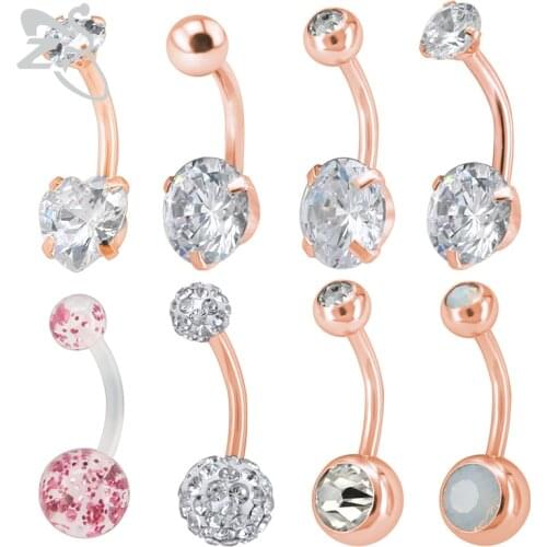 ZS 8 PCS/lot Rose Gold Belly Button Ring with Crystal 316L Stainless Steel Navel Ring for Women/Girl Piercing Body Jewelry 2019