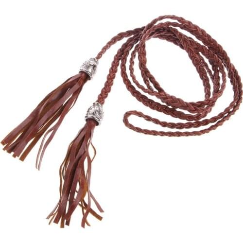40GC Chic Ladies Women Braided Belt PU Leather Tassel Self-Tie Thin Waist Rope Belt