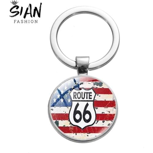 SIAN Newest 4 Style Route 66 Badge Key Chain America Flag Art Print Bronze Silver Plated Long Pendant Car Bag Key Chains Holder