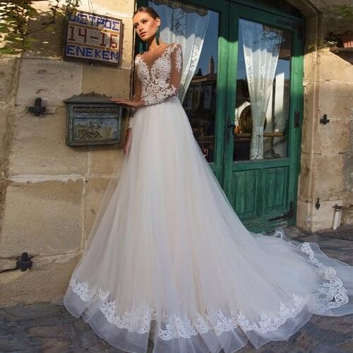 Cheap Elegant Tulle A-line Wedding Dresses for Bridal White Ivory O-neck Long Sleeve Applique Bridal Gowns with Sweep Train