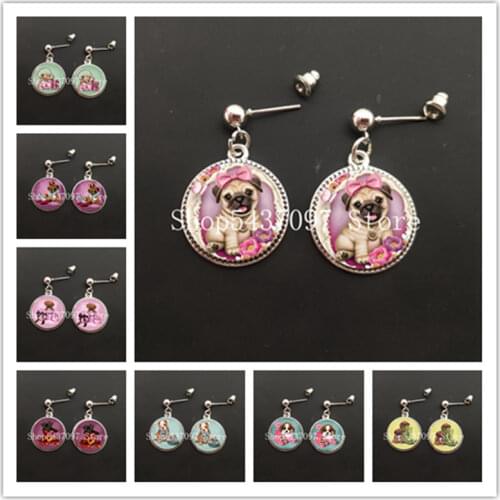 Fashion Silver Color Simple Style Earings Cute Puppy Dog Hoop Dangle Earrings Lovely Animal Glass Cabochon Drop Women Earring