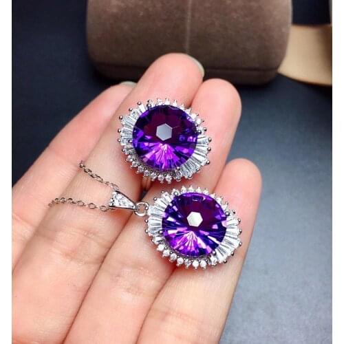 100% Natural and Real Amethys Set 925 Sterling Silver,1pc Amethys Ring,1pc Amethys Pendant Female Wedding Jewelry
