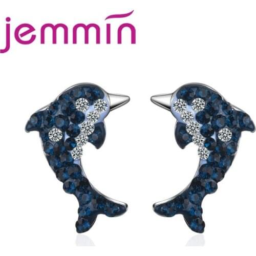 New Attractive Women Dark Blue AAAA CZ Full Paved Dolphin Stud Earrings Girls Trendy 925 Sterling Silver Jewelry Earrings