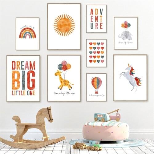 Heart Quotes Sun Rainbow Posters And Prints Balloon Giraffe Elephant Unicorn Wall Art Nursery Painting Picture Kids Room Decor