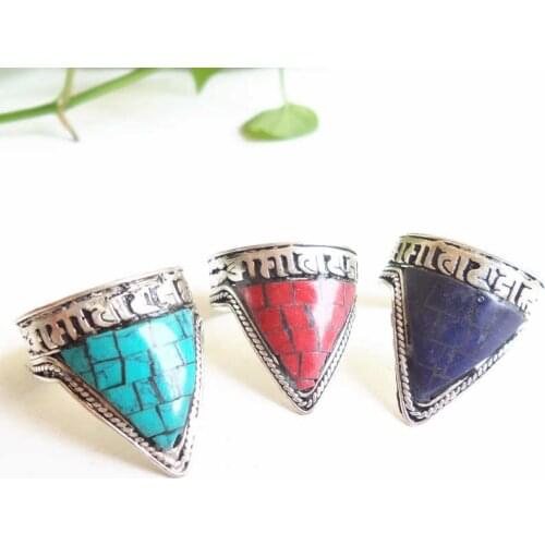 R041 Tibetan Mantras Amulet Rings for Man Copper Inlaid Stone Triangle Open Ring