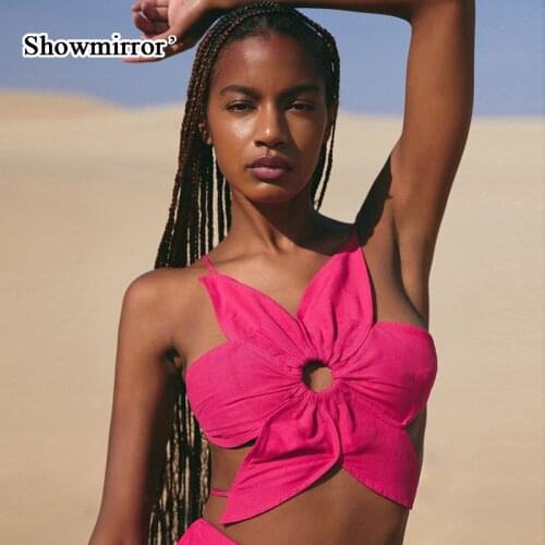Showmirror Floral Backless Crop Top Women Summer Clothes Bandage Cute Pink Tops Party Club Wear Tops Vest Camis 23469