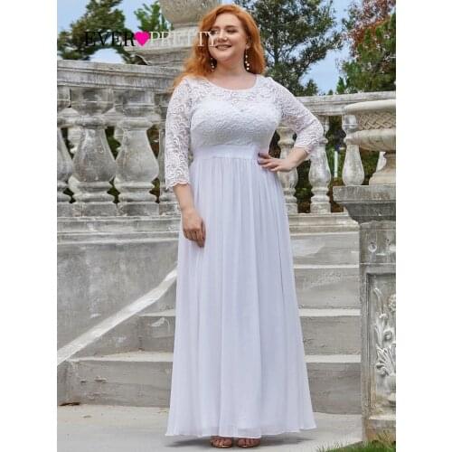 Plus Size Evening Dresses Long Ever Pretty EP07412 Elegant Long Sleeve A-line Lace Chiffon White Winter Wedding Guest Dresse