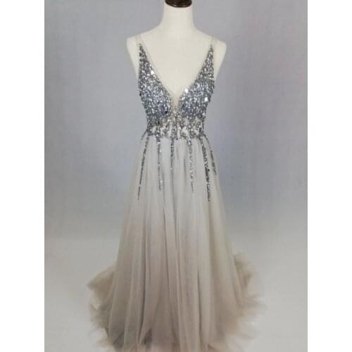 YOUXI Real Photo Spaghetti Strap Illusion Hand Work Beaded Train Long Prom Evening dress Deep V New PD06