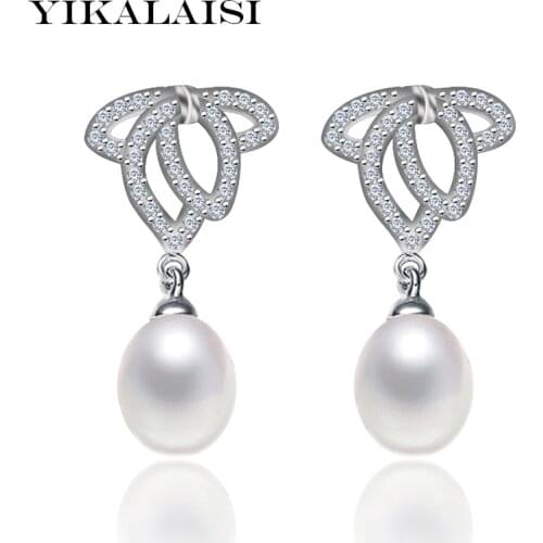 YIKALAISI 925 sterling Silver Jewelry 100% natural freshwater Pearl earrings for women zircon Wedding Gift for girls