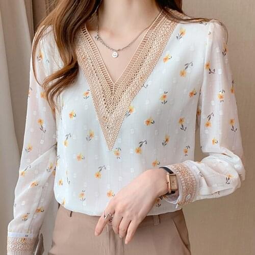 Fashion Printed Chiffon Blouse Womens New 2021 Spring Ladies Office Tops Elegant Casual Flowers Blouses Shirts Feminina Blusas