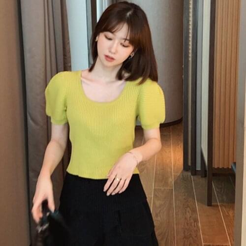 Women Tshirt Summer Square Collar Short Sleeve Knitted Korean Style Sweet Tees Slim Tops
