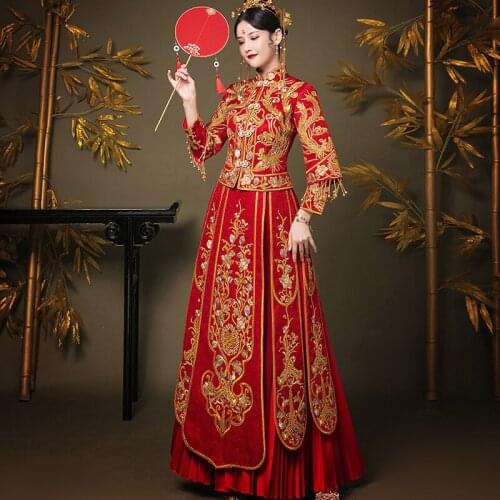 High Quality Mandarin Collar Phoenix Embroidery Cheongsam Women Chinese Traditional Bride Banquet Wedding Dress китайская одежда