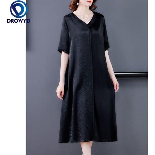 Fashion Black Casual Loose Midi Dress 2021 Summer Vinatge V-neck Short Sleeve Solid Maxi Dress Women Elegant Slim Party Vestidos