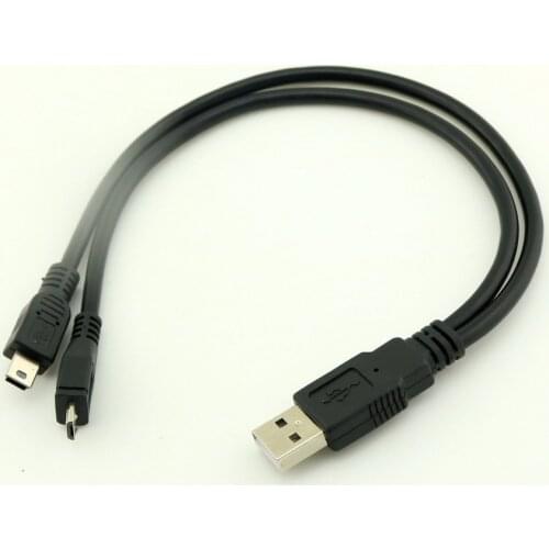 1pcs Black USB A Male to Mini & Micro USB 5 Pin Adapter Dual Plug Splitter Charger Cable 30cm