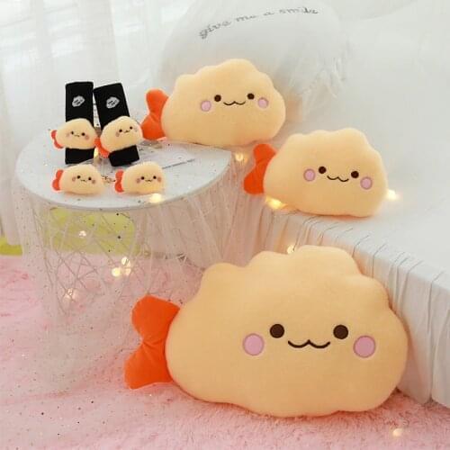 Anime Fried shrimp Plush Pillow Stuffed Cloud Shaped Fried Prawn Shrimp Tail Soft Yellow Car Pillow Seat Belt Waist Pillow Decor