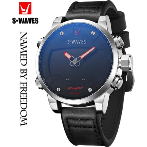 SWAVES LED Reloj Hombre Quartz Analog Digital Watch Men Leather Double Time Waterproof Luxury Silver Black Army Watch for Man