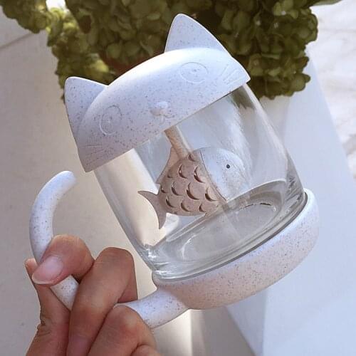 Cartoon Cat Tea Cup with Fish filter high quality silicon glass strainer cup Creative mug tea set