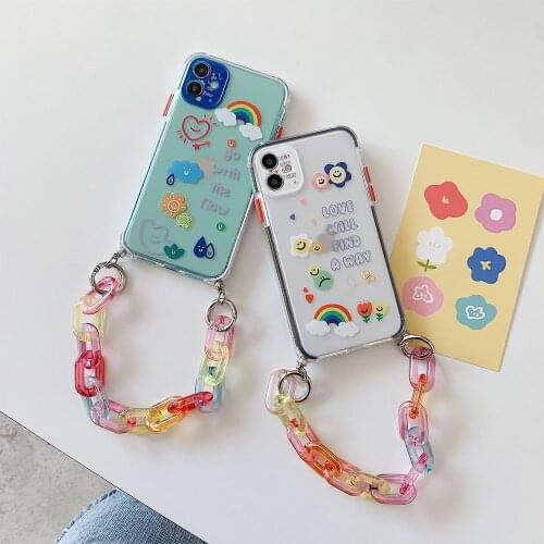 Wrist Chain Case for iPhone 12 Pro Max 7 8 Plus XR XS Max Transparent Cases Cute Rainbow Flower Chain Hanging Case for iPhone 11
