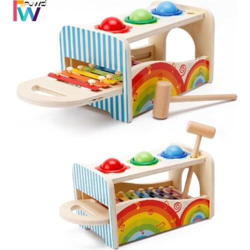 PUWEI Wooden Knocking Hammer Rolling Ball Bell Children Music Educational Toy Montessori Multifunctional Early Training Table