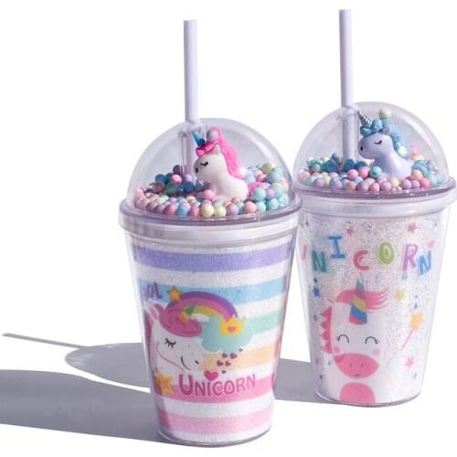 380ml Double Layer Dream Unicorn Water Bottle Cup with Straw Cartoon Plastic Water Cup Cute Kids Girls Kawaii Bottles Flask
