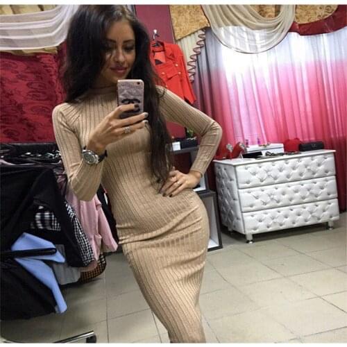 Leosoxs 2021 Spring Autumn New Fashion O Neck Womens Midi Dress Casual Bodycon Solid Long Sleeve Lady Knit Dress One Step Skirt