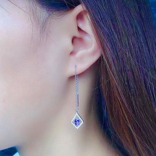 Fashion Long Drop Earrings for Office Woman 100% Natural Tanzanite Earrings Solid 925 Silver Tanzanite Drop Earrings