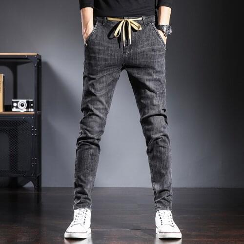 Mens Spring and Autumn Pure Cotton Slim Jeans 2021 New Mens Fashion Casual Stretch Belted Waist black boyfriend Jeans
