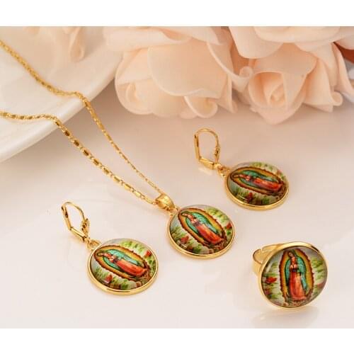 Gold Virgin Mary religions Jewelry Set Trendy Our Lady Women Men party czJewelry Cross Pendant earring Set for women girls gift