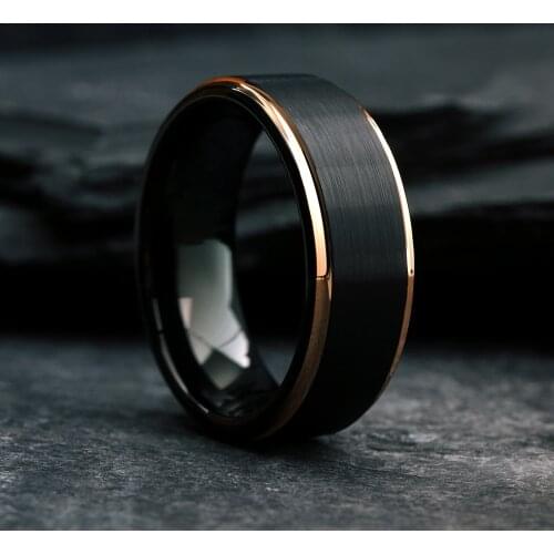 Fashion 8mm Wide Black Brushed Tungsten Steel Ring Rose gold Edge Mens Wedding Band Jewelry Gift Size 6-13